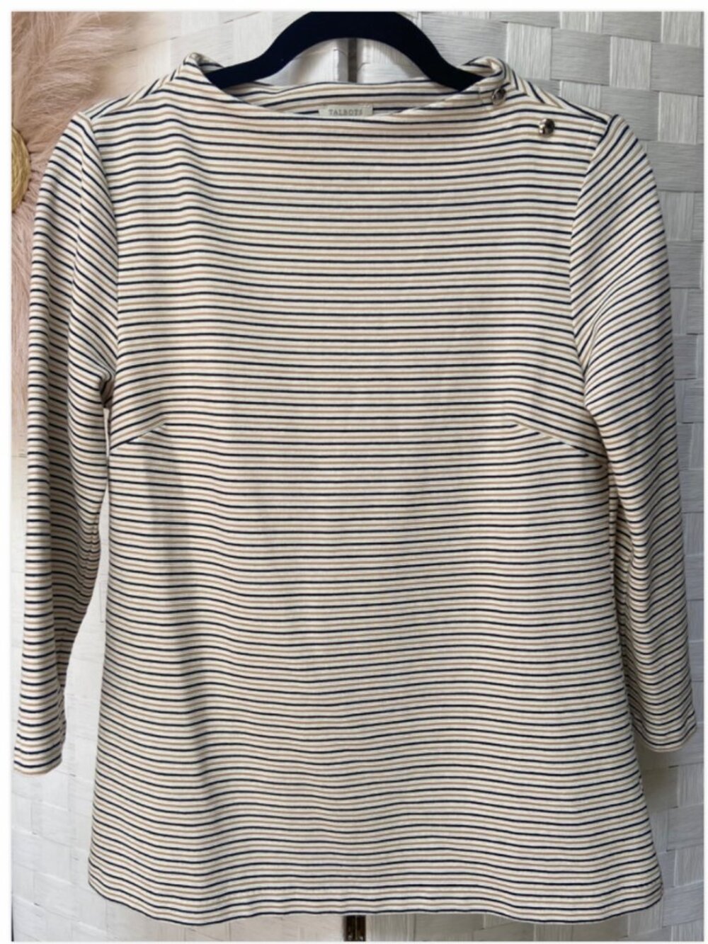 Talbots Striped Brown Black Ivory Gold Buttons Mock Neck Shirt Top Size S
